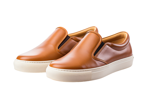 A stylish pair of brown shoes with white soles standing on a clean tiled floor