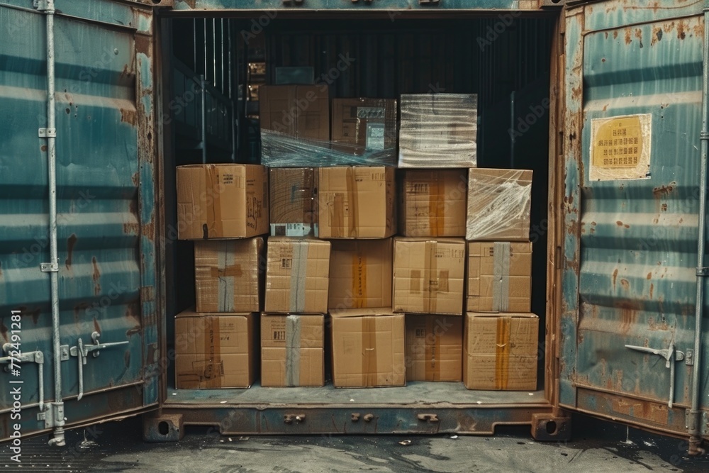 Aufkleber A large container filled with numerous boxes. Suitable for logistics and storage concepts