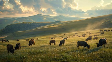 On the hills, cows and buffalos are grazing. - obrazy, fototapety, plakaty