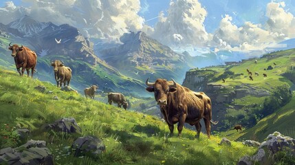 On the hills, cows and buffalos are grazing. - obrazy, fototapety, plakaty