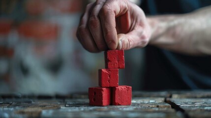 Person placing block into pile of red bricks, suitable for construction concept - obrazy, fototapety, plakaty