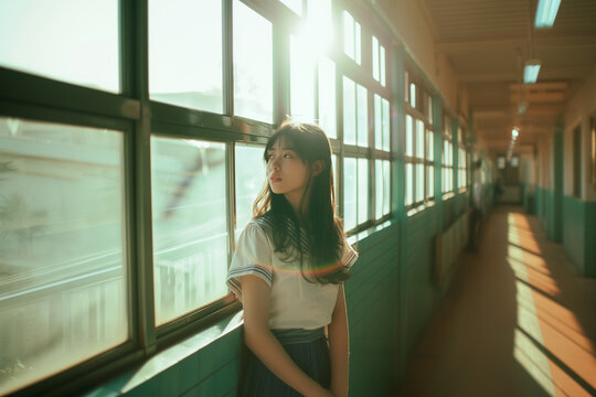 nostalgic 90s photo of asian schoolgirl looking out window in school hallway 