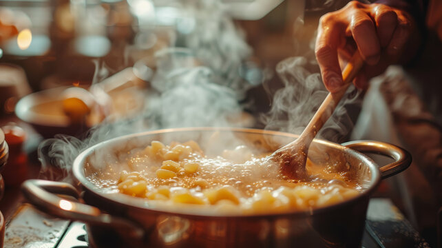 Person cooking pasta in a steaming pot
