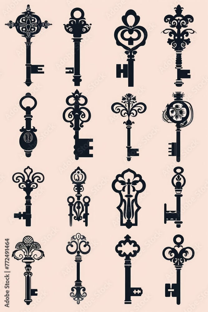 Poster A bunch of keys sitting on a table. Suitable for home security concepts