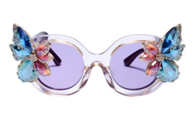 Close-up of sunglasses embellished with intricate butterfly designs, creating a whimsical and enchanting look