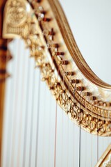 Detailed image of a golden harp, perfect for music-related designs