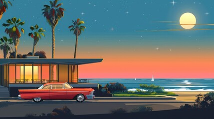 A vibrant mid-century modern beach scene is illustrated in this vector art, capturing the essence of retro coastal charm.
