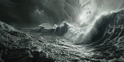 A striking black and white photo of a powerful wave. Perfect for illustrating the force of nature