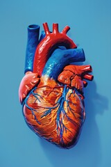 Detailed model of a human heart on a vibrant blue background, perfect for medical or educational projects