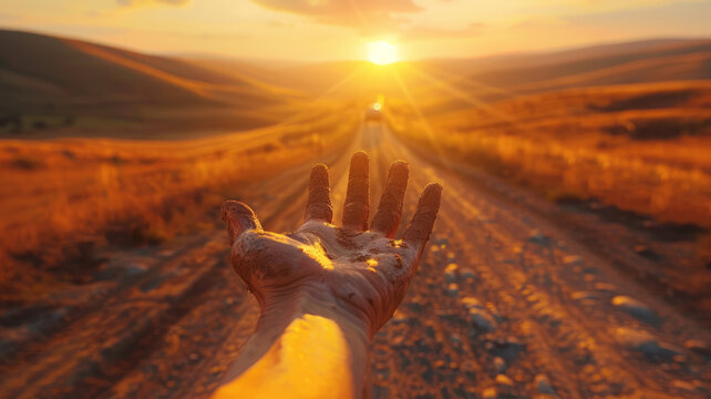 Hand reaching out to the sunset in rural landscape