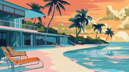 nostalgia for retro coastal aesthetics, this vector art depicts a vibrant mid-century modern beach scene