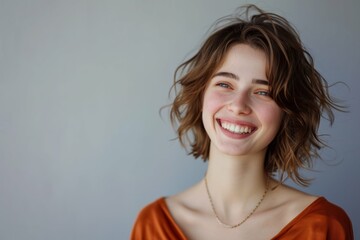 Portrait of a joyful young woman with short hair smiling against a neutral background.