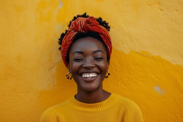 Portrait of a joyful woman with a headscarf against a vibrant yellow background, showcasing a bright smile and casual style.