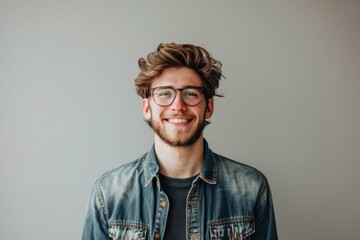 Portrait of a smiling young man with glasses and a denim jacket against a neutral gray background.