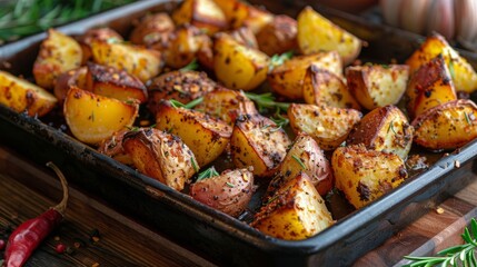 Pan of Cooked Potatoes on Wooden Table