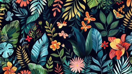 A pattern of tropical leaves and flowers on a black background. Suitable for tropical-themed designs