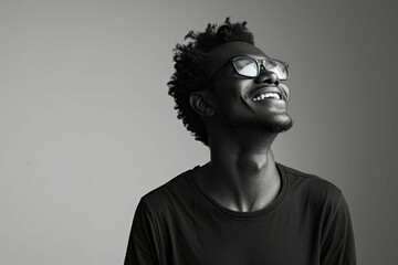 Black and white portrait of a joyful young man with glasses looking upwards and smiling against a plain background.
