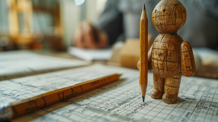 Wooden figurine on a desk with blueprints - obrazy, fototapety, plakaty
