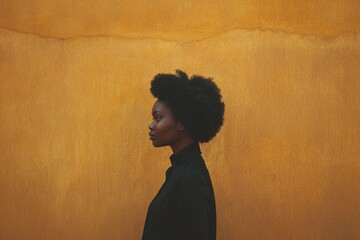 Silhouette of a woman with afro hair profiled against a textured orange background.