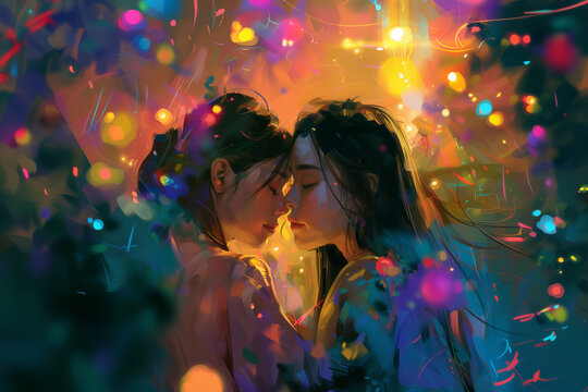 painting of an intimate moment between two asian women