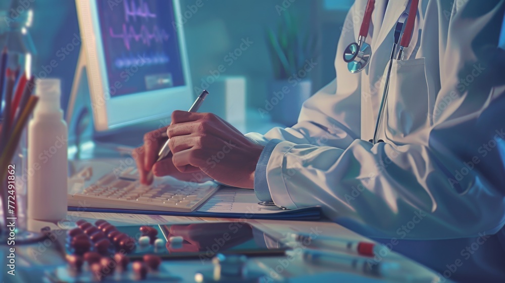 Poster A doctor taking notes on a clipboard while working on a computer. Ideal for medical or technology concepts