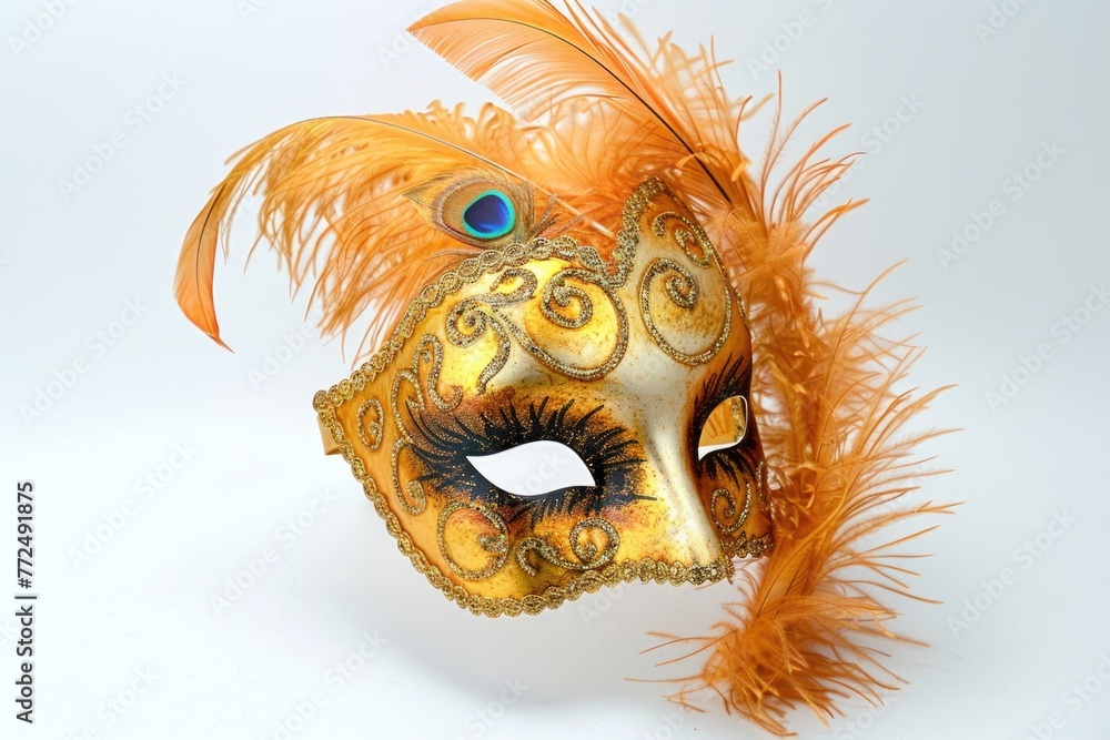 Poster intriguing image of a gold mask with feathers and a striking blue eye, perfect for mysterious and el