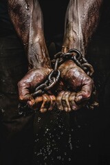 A person with dirty hands holding a chain. Suitable for industrial concepts