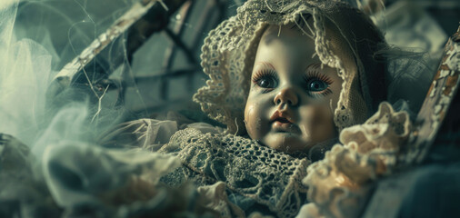 A close up of a doll wearing a bonnet, suitable for various projects - obrazy, fototapety, plakaty