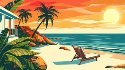 A vibrant mid-century modern beach scene is illustrated in this vector art, capturing the essence of retro coastal charm.
