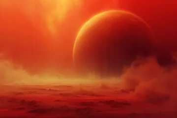 Poster A Marslike Dreamscape Bathed in Peach Fuzz Pantone Hues, Immersive Alien Terrain Under a Giant Sun © HelgaQ