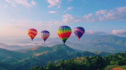 A group of hot air balloons soaring over a picturesque green hillside. Perfect for travel and adventure concepts