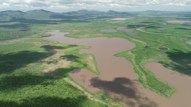 Aerial view of flooded lands near Paraguai River, Pantanal Region - Corumb&aacute;, Mato Grosso do Sul, Brazil