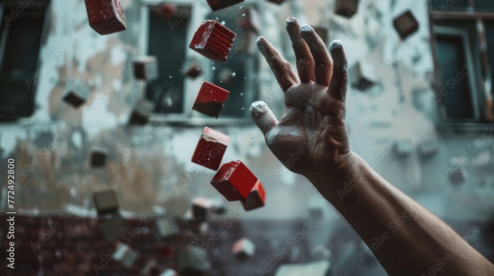 Poster a hand reaching for a bunch of cubes in the air. suitable for technology and innovation concepts