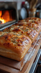Fresh pastries on a wooden board near the fire. 