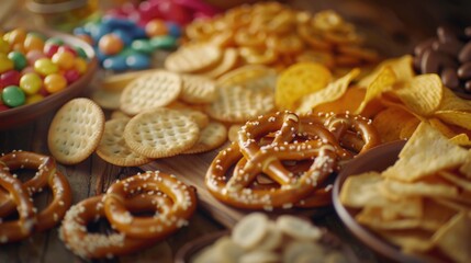 A variety of snacks displayed on a table, suitable for food and beverage concepts