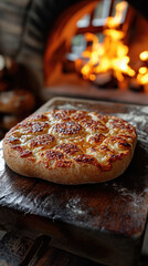 Fresh pastries on a wooden board near the fire.