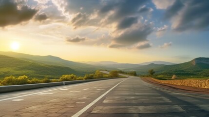 Asphalt road square and mountain with sky clouds at sunset, AI-generated