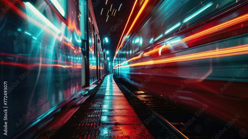 Poster a blurry image of a train moving at night. suitable for transportation concepts