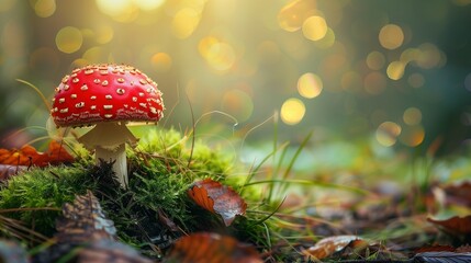 Red mushroom on a stump on a mysterious forest background - obrazy, fototapety, plakaty