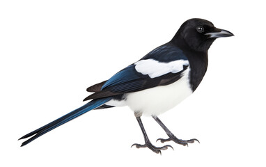 A striking black and white bird gracefully stands on a white surface