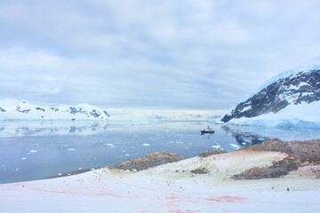 Tourist ship in the waters of the Antarctic Ocean