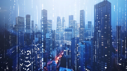 Financial Center, Dynamic financial and stock market data against the city skyline illustrating the pulse of the business district.