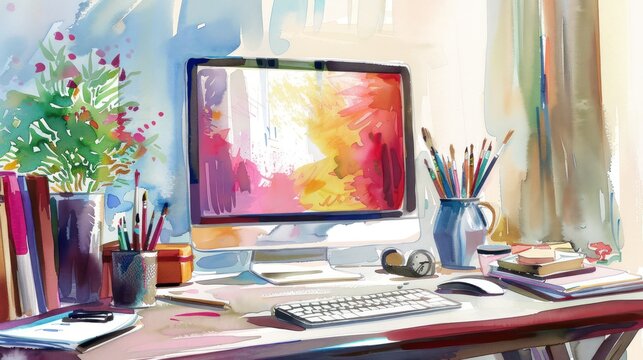 watercolor painting of tidy desk with a monitor