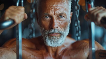 Man With White Beard Exercising in Gray Shirt at Gym