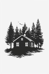 Fototapeta premium A black and white drawing of a cabin in the woods, suitable for various design projects