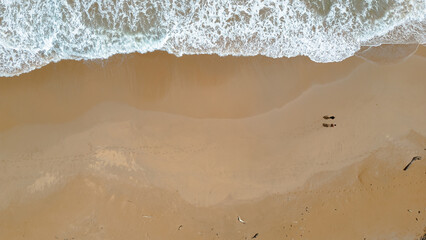 Couple walking on a golden sand beach. Aerial view. Waves on the beach. Footprints marked in the...