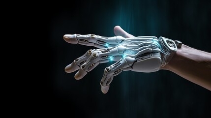 White cyborg hand is touching a human hand Generate AI