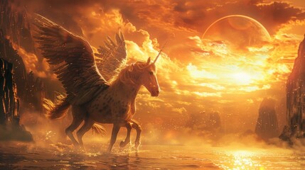 A majestic horse with wings standing in the water. Suitable for fantasy-themed designs
