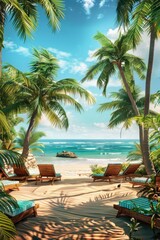 Fototapeta na wymiar A serene tropical beach scene with lounge chairs and palm trees. Ideal for travel and vacation concepts
