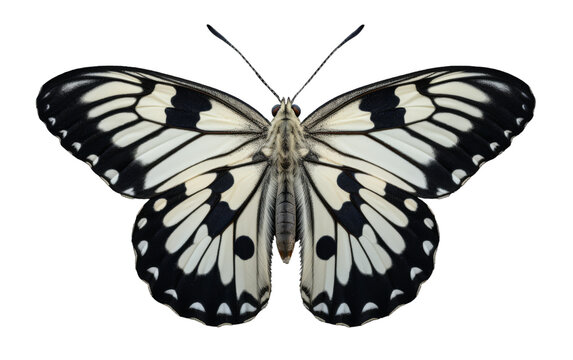 A stunning white and black butterfly gracefully rests on a pure white background